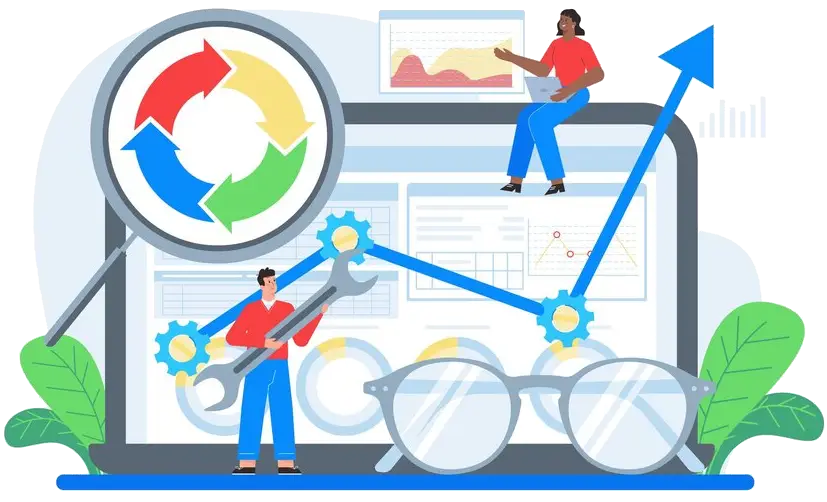 graphic depicting two people, a laptop, glasses, and graphs