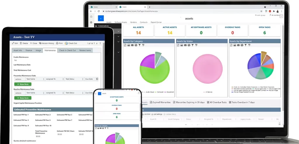 Asset Journey application screens on laptop, tablet, and smartphone