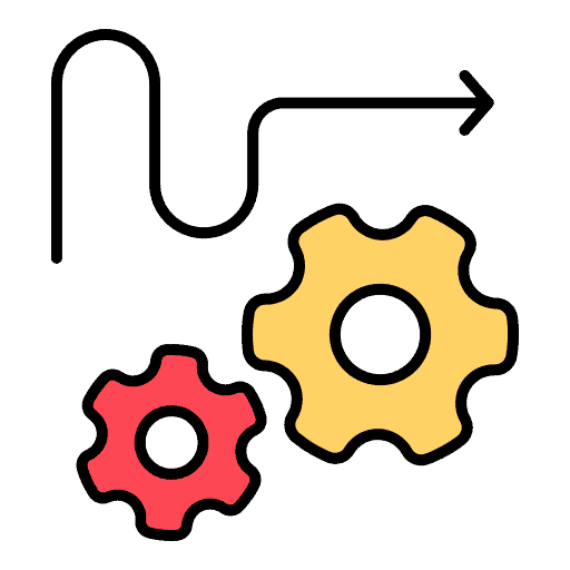 red and yellow gears of different sizes with arrow above signaling a smoothing of process
